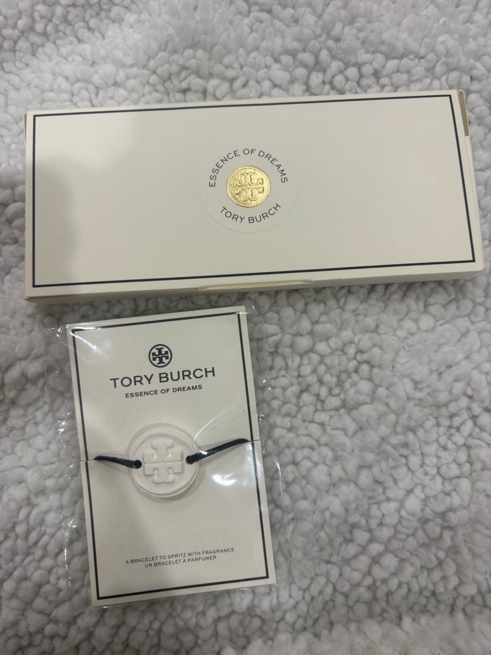 Tory Burch Essence of Dreams sample fragrances with TB Fragrance bracelet